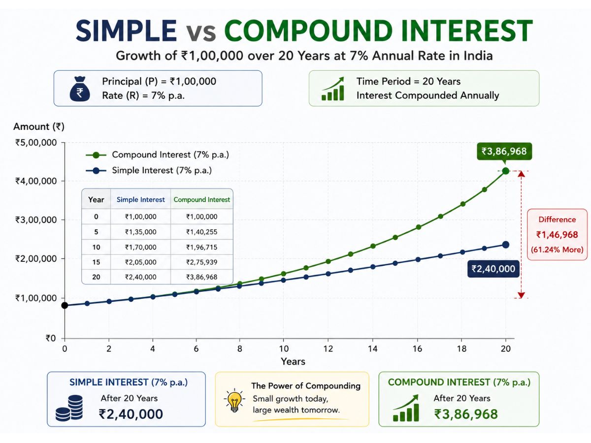 Line chart showing rupee growth of ₹1 lakh over 20 years under simple interest versus compound interest at 7 percent annual rate in India, showing the widening gap between the two lines