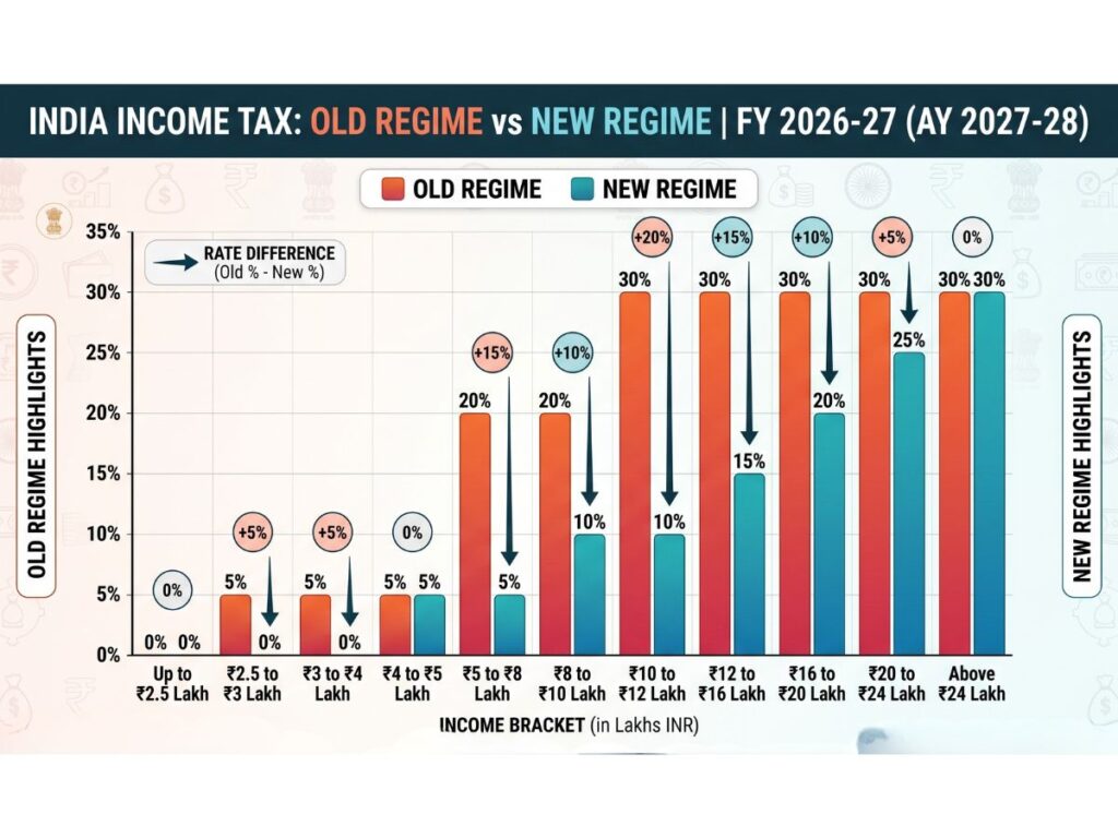 Side by side bar chart comparing old regime and new regime tax slab rates for FY 2026-27 in India showing the rate differences at each income bracket